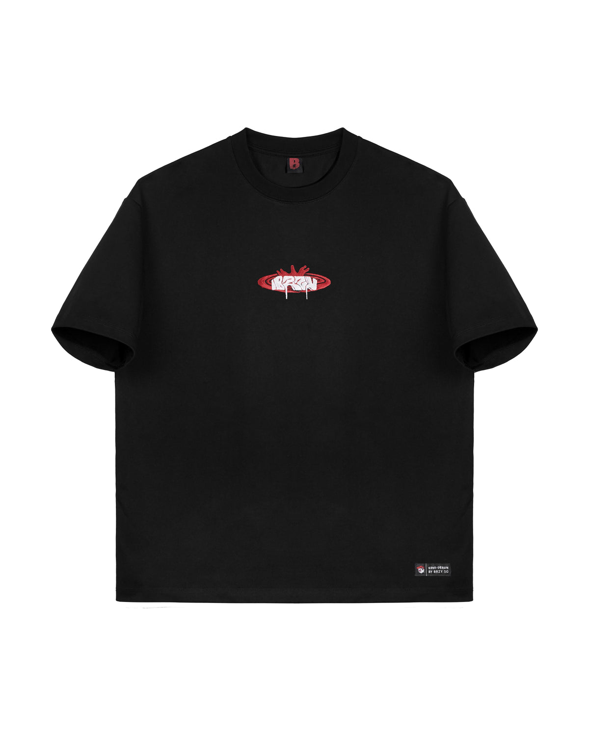 BRZY 01 black tee, front, with embroidered BRZY chest logo.