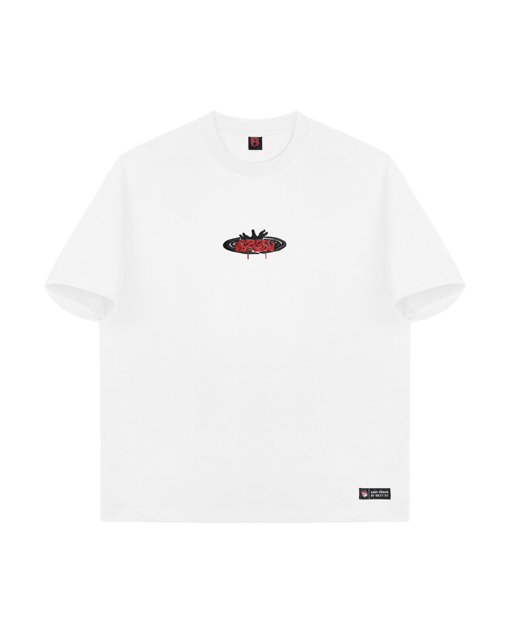 BRZY 01 white tee, front, with embroidered BRZY chest logo.